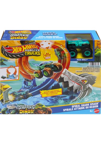 ® Monster Trucks Köpekbalığı Oyun Seti Hot Wheels Monster Trucks Köpekbalığı Oyun Seti ve 1:64 Ölçekli Mega-Wrex Aracı JFR08