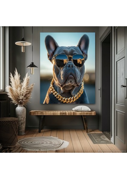 Altın Zincirli Köpek Ev Duvar Salon Güzellik Salonu Ofis Dükkan Dekarasyon Kanvas Tablo