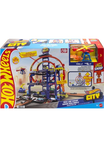® Mega Loop Garaj Hot Wheels City Mega Garaj Oyun Seti, 1:64 Ölçekli 1 Metal Oyuncak Araba ve 1 Oyuncak Helikopter JBM74