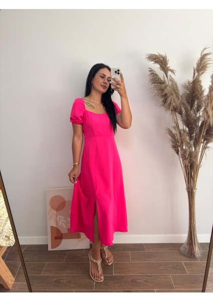 Balon Kollu Yırtmaçlı Midi Kısa Kollu Elbise modelleri