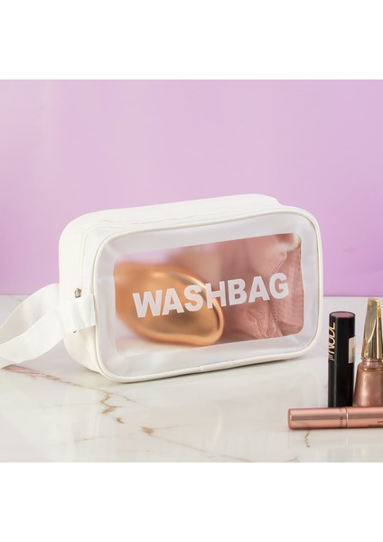 3140-1 Şeffaf - Beyaz Seyahat ve Makyaj Çantası Su Geçirmez Organizer Washbag 21X13CM