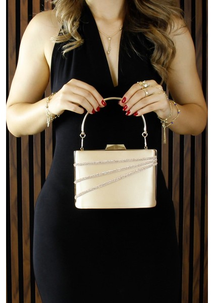 Ten Saten Taşlı Altın Metal Saplı Zincir Askılı Abiye Çanta