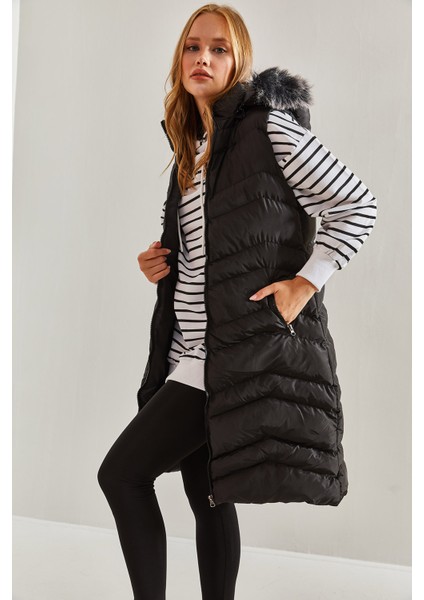 Kadın Kapişonu Kürklü Uzun Yelek