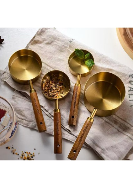 4 Lü Büyük Boy Gold Paslanmaz Çelik Ahşap Saplı Ölçü Kaşığı