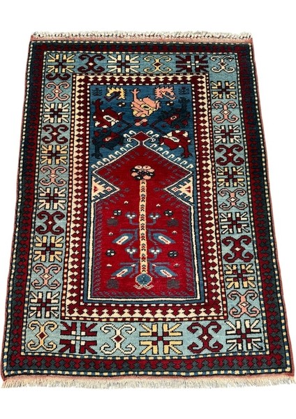 El Dokuma Sıfır Yörük Halısı Seccade 93X135 Turkuaz Yün Namazlık