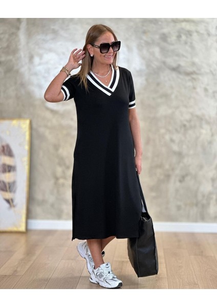 Kadın Kısa Kollu V Yaka Kol ve Yaka Ribana Detay Midi Boy Viskon Elbise