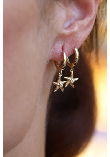 14 Ayar Altın Ortası Taşlı Deniz Yıldızı Obje Detaylı Halka Küpe