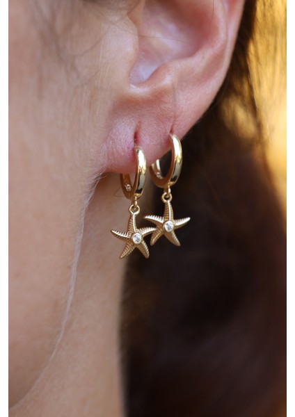 14 Ayar Altın Ortası Taşlı Deniz Yıldızı Obje Detaylı Halka Küpe fiyatları