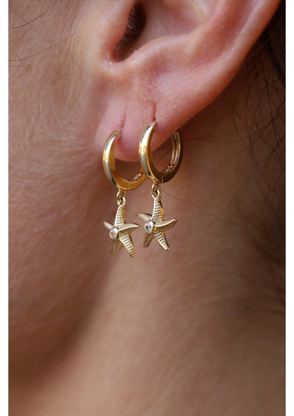 14 Ayar Altın Ortası Taşlı Deniz Yıldızı Obje Detaylı Halka Küpe modelleri