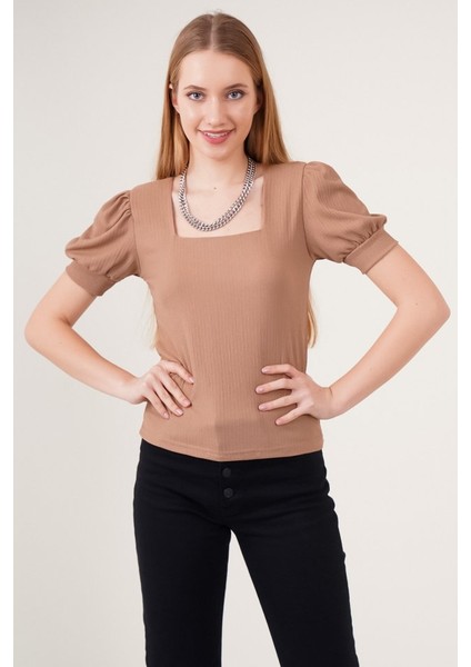 0409 Kare Yaka Örme Bluz - B.kahverengi