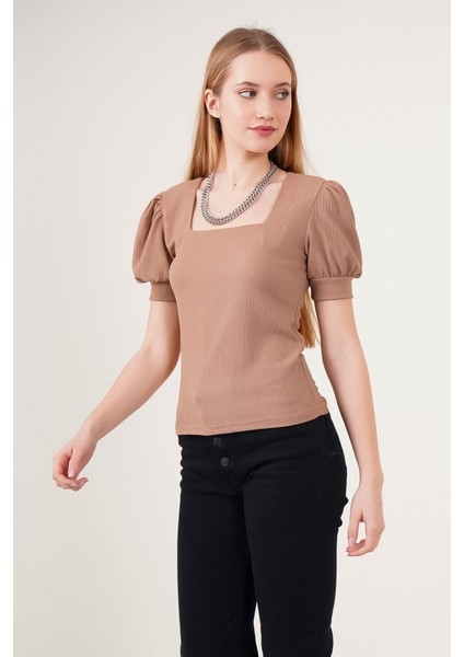 0409 Kare Yaka Örme Bluz - B.kahverengi