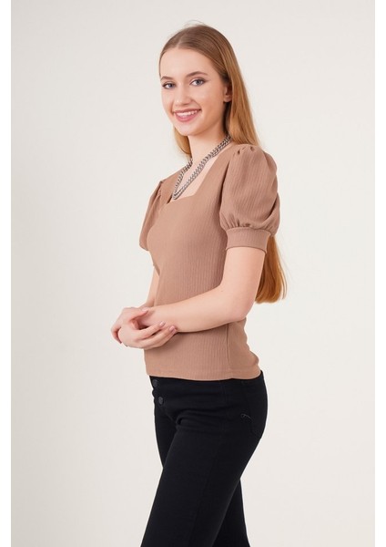 0409 Kare Yaka Örme Bluz - B.kahverengi