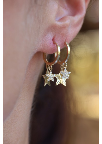 14 Ayar Altın Kalemli ve Taşlı Yıldız Obje Detaylı Halka Küpe KP28139