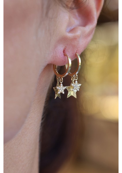 14 Ayar Altın Kalemli ve Taşlı Yıldız Obje Detaylı Halka Küpe KP28139 fiyatları