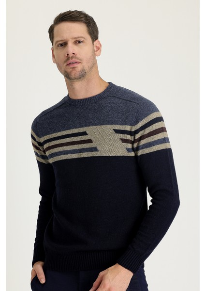 Bisiklet Yaka Slim Fit Dar Kesim Dikişsiz Desenli Triko Kazak