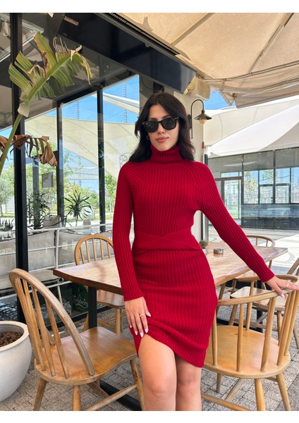 Kadın Fitilli Kuşaklı Balıkçı Yaka Midi Triko Elbise