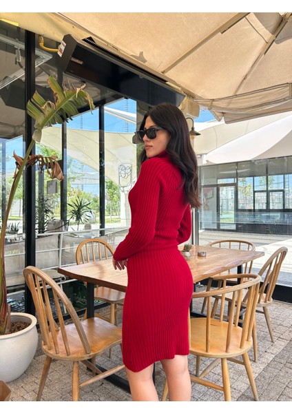Kadın Fitilli Kuşaklı Balıkçı Yaka Midi Triko Elbise