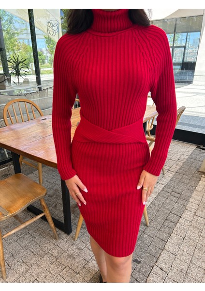 Kadın Fitilli Kuşaklı Balıkçı Yaka Midi Triko Elbise indirimleri