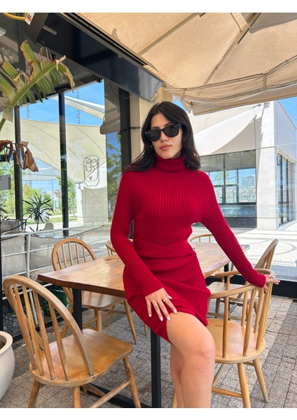 Kadın Fitilli Kuşaklı Balıkçı Yaka Midi Triko Elbise fiyatları