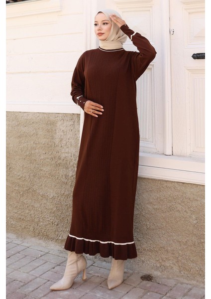 Manşeti Taş Detaylı Triko Elbise Kahverengi 6150