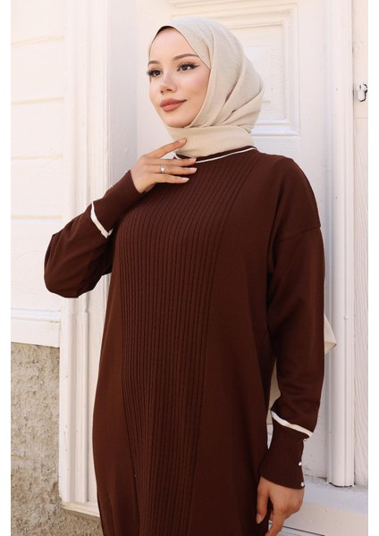 Manşeti Taş Detaylı Triko Elbise Kahverengi 6150 fiyatları