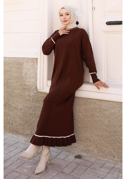 Manşeti Taş Detaylı Triko Elbise Kahverengi 6150 modelleri