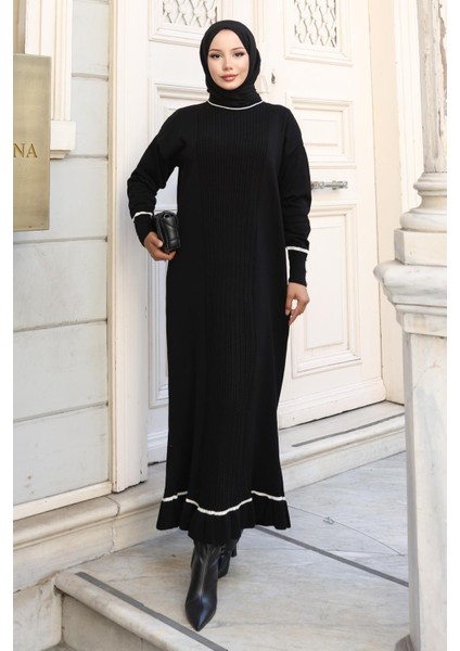 Manşeti Taş Detaylı Triko Elbise Siyah 6150