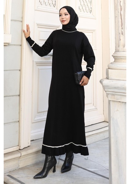 Manşeti Taş Detaylı Triko Elbise Siyah 6150 modelleri