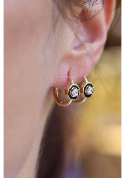 14 Ayar Altın Taş Detaylı Siyah Mineli Obje Halka Küpe