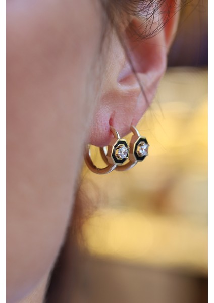 14 Ayar Altın Taş Detaylı Siyah Mineli Obje Halka Küpe modelleri