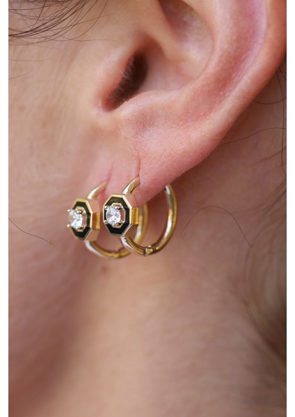 14 Ayar Altın Taş Detaylı Siyah Mineli Obje Halka Küpe indirimleri