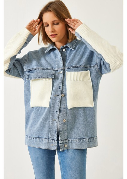 Kadın Triko Detaylı Denim Mont