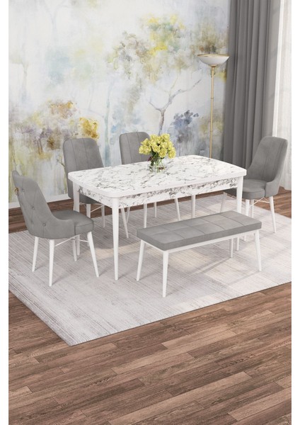 Mona Beyaz Mermer 80X132 Açılabilir Mdf Masa Yemek Odası Takımı, Mutfak Takımı 4 Adet Sandalye, 1 Bench