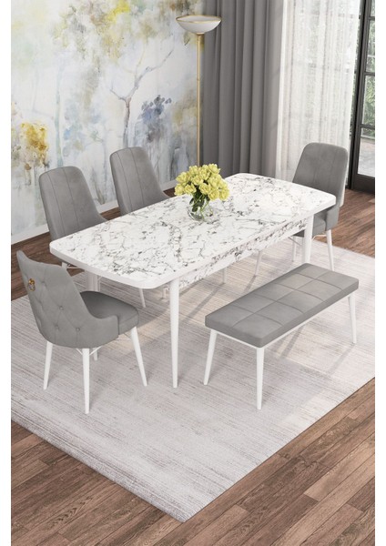 Mona Beyaz Mermer 80X132 Açılabilir Mdf Masa Yemek Odası Takımı, Mutfak Takımı 4 Adet Sandalye, 1 Bench fiyatları