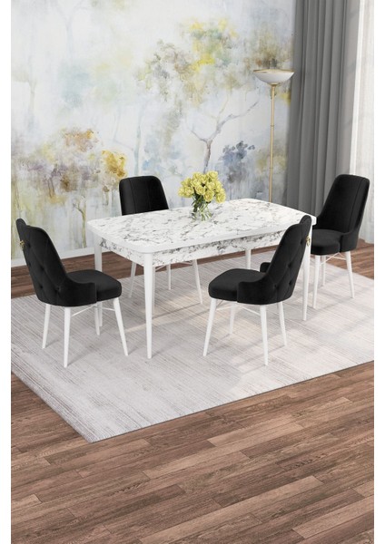 Mona Beyaz Mermer 80X132 Açılabilir Mdf Masa Yemek Odası Takımı, Mutfak Takımı 4 Adet Sandalye