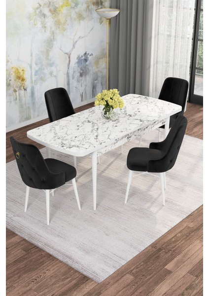 Mona Beyaz Mermer 80X132 Açılabilir Mdf Masa Yemek Odası Takımı, Mutfak Takımı 4 Adet Sandalye fiyatları
