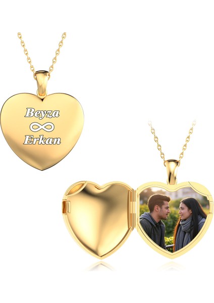 Isimli Fotoğraflı Açılabilir Kalp Altın Kaplama Gümüş Kolye