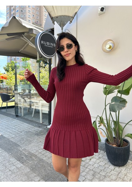 Kadın Fitilli Bisiklet Yaka Mini Triko Elbise