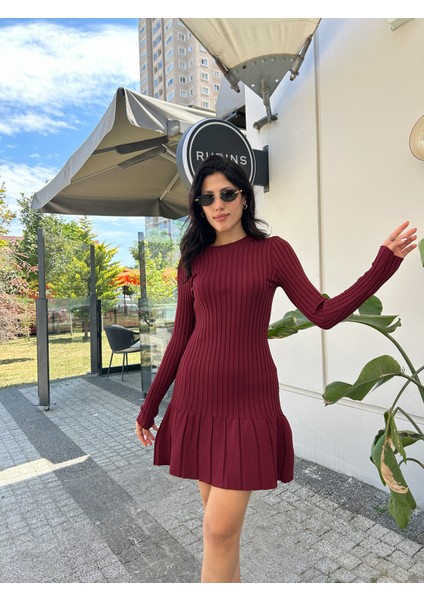 Kadın Fitilli Bisiklet Yaka Mini Triko Elbise modelleri