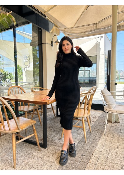 Kadın Fitilli Balıkçı Yaka Midi Triko Elbise