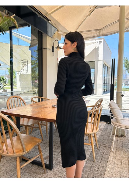 Kadın Fitilli Balıkçı Yaka Midi Triko Elbise modelleri