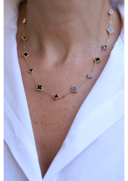 14 Ayar Altın Siyah Taş Detaylı Büyük-Küçük Sıralı Yoncalı Kolye KLY26458 fiyatları