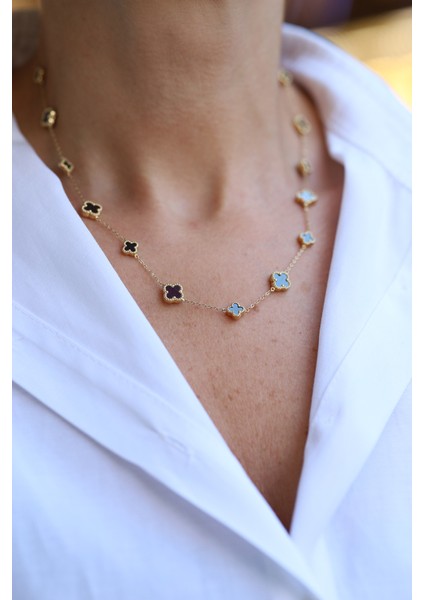 14 Ayar Altın Siyah Taş Detaylı Büyük-Küçük Sıralı Yoncalı Kolye KLY26458 modelleri