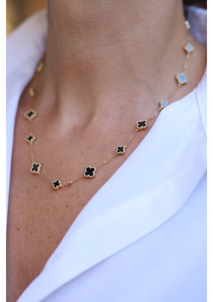 14 Ayar Altın Siyah Taş Detaylı Büyük-Küçük Sıralı Yoncalı Kolye KLY26458 indirimleri