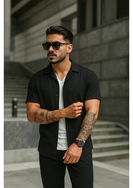 Erkek Kısa Kollu Örme Kumaş Pamuklu Gömlek