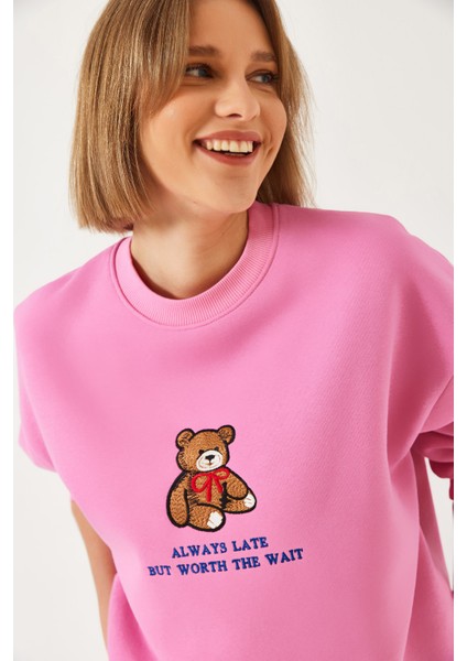 Kadın Ayıcık Baskılı Yazılı Ribanalı Basic Sweatshirt Ös
