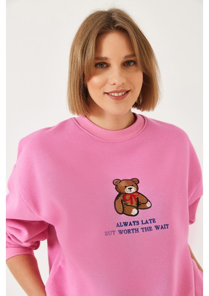 Kadın Ayıcık Baskılı Yazılı Ribanalı Basic Sweatshirt Ös fiyatları