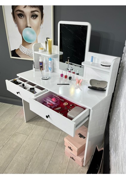 Makyaj Masası Aynalı Tuvalet Masası 2 Çekmeceli Takı Düzenleyici ve Raflı Organizer 104 cm