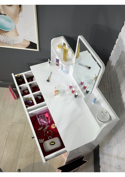 Makyaj Masası Aynalı Tuvalet Masası 2 Çekmeceli Takı Düzenleyici ve Raflı Organizer 104 cm modelleri