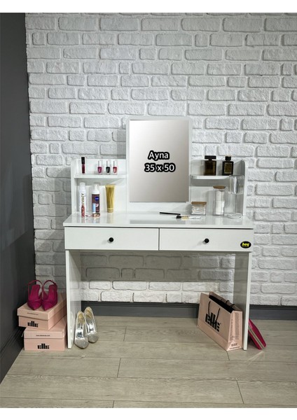 Makyaj Masası Aynalı Tuvalet Masası 2 Çekmeceli Takı Düzenleyici ve Raflı Organizer 104 cm indirimleri